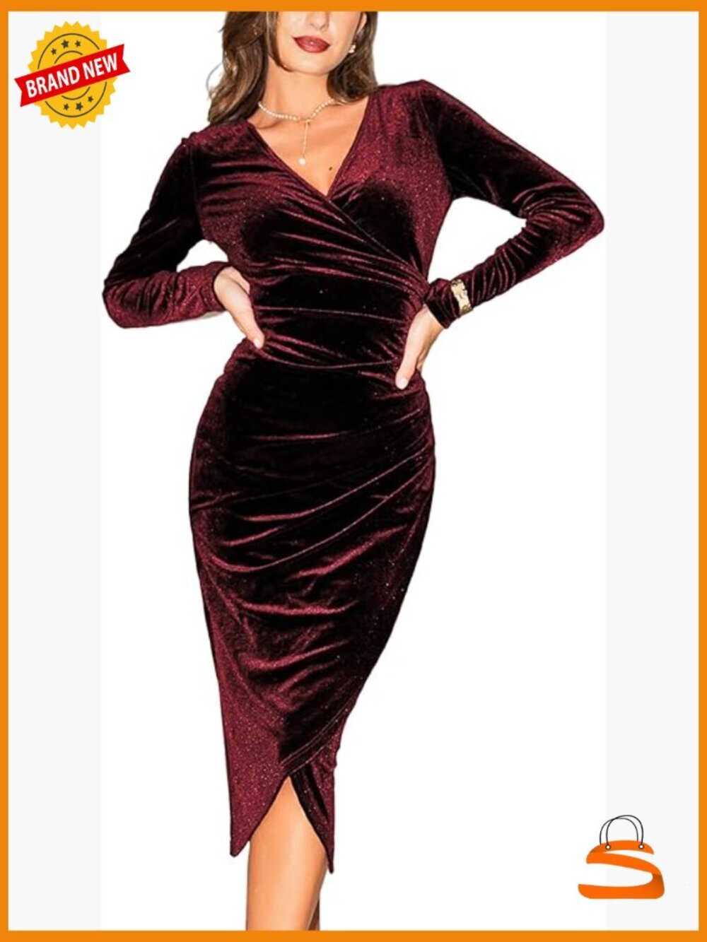 Velvet Midi Dress Long Sleeve V-Neck Ruched Bodycon Cocktail